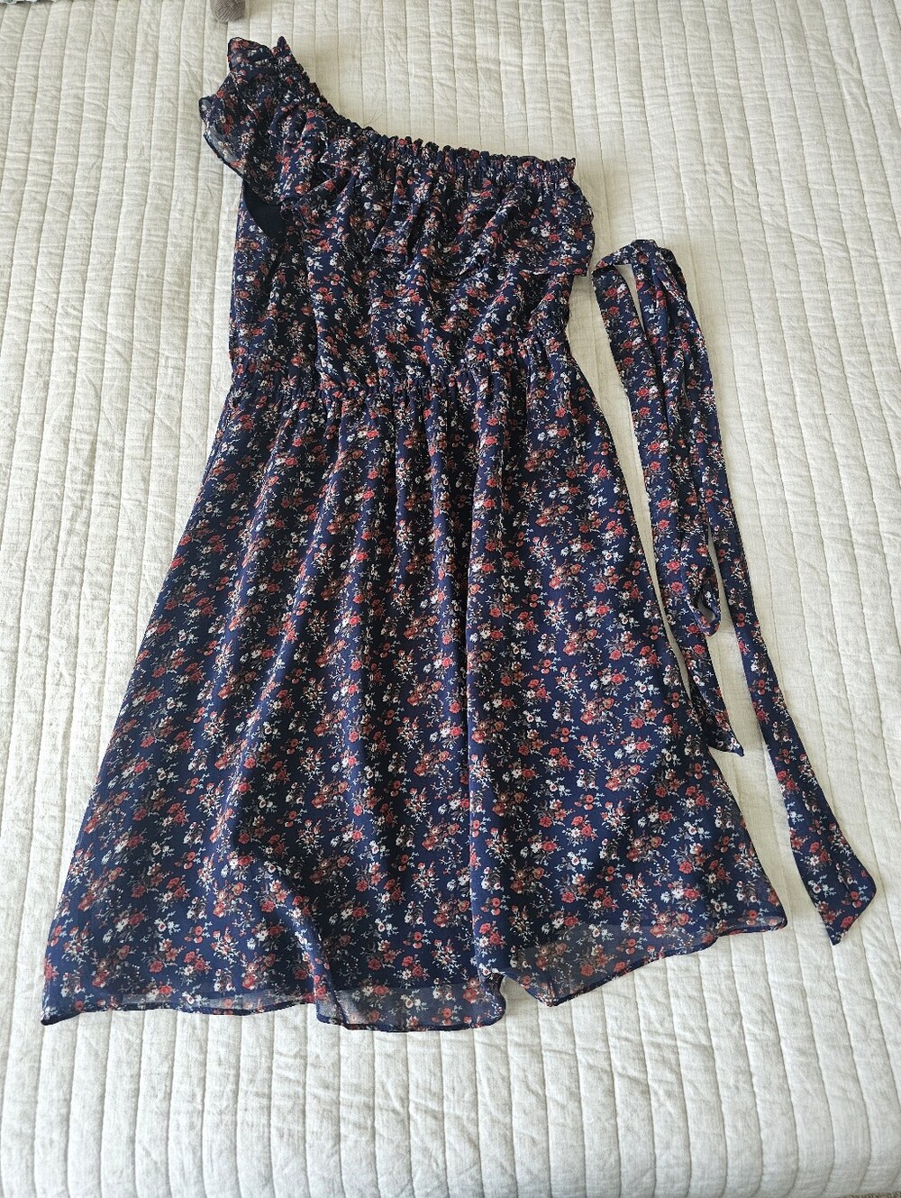 hazel Navy Floral-Trim Off The Shoulder Dress